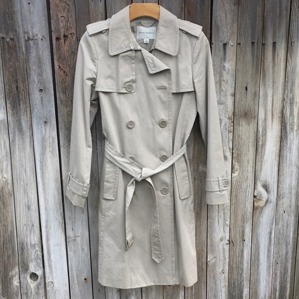 Banana Republic Double Breasted Trench Coat Long Line Cotton Khaki Tan S